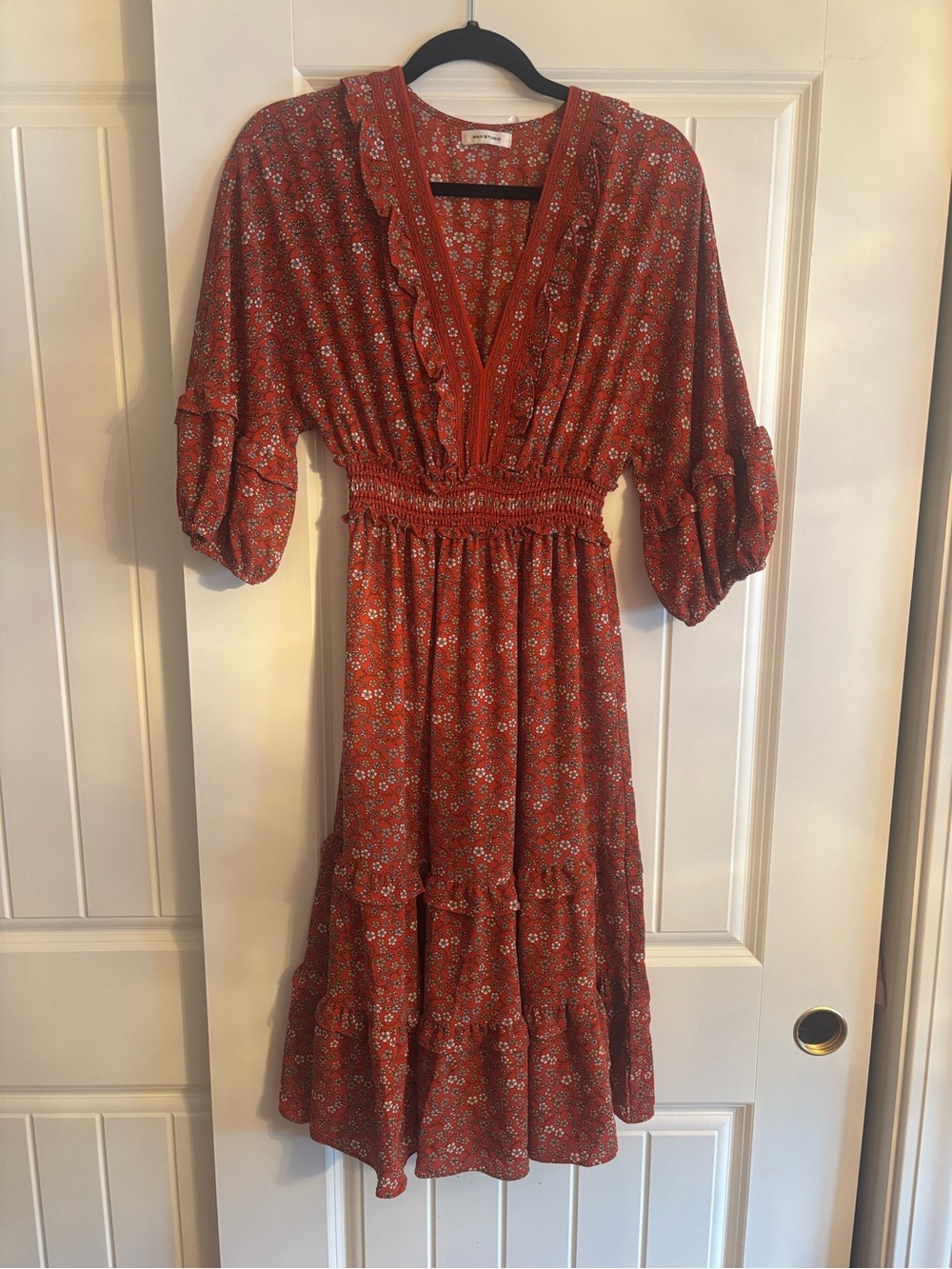 Max Studio Rust Floral V-Neck Tiered Midi Dress